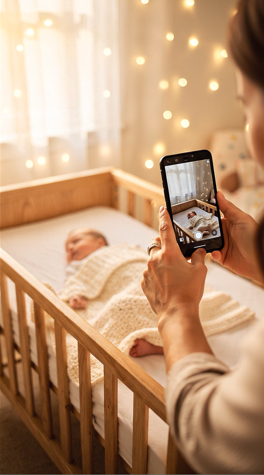 A parent photographing a sleeping baby after the celebration
